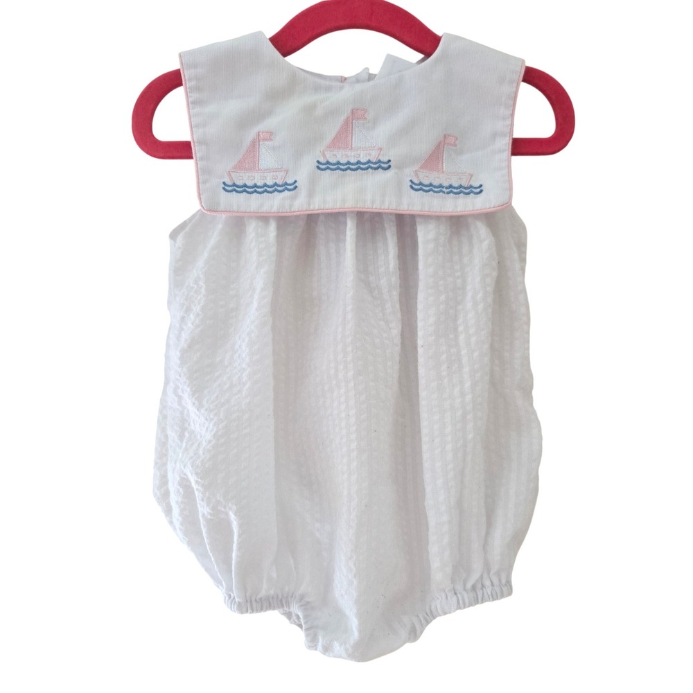 Smocked Polkadot Baby‎ Girls White Seersucker Sailboat Bubble Romper 9M Nautical